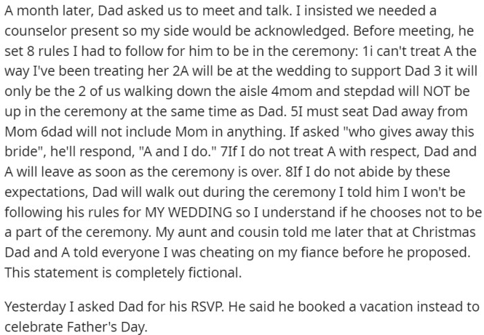 The father established the prerequisites for his presence at the wedding