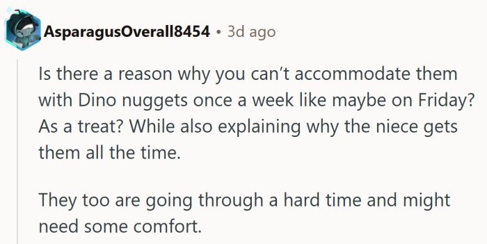 One night of shared nuggets for family harmony? Honestly, that sounds like solid diplomacy.
