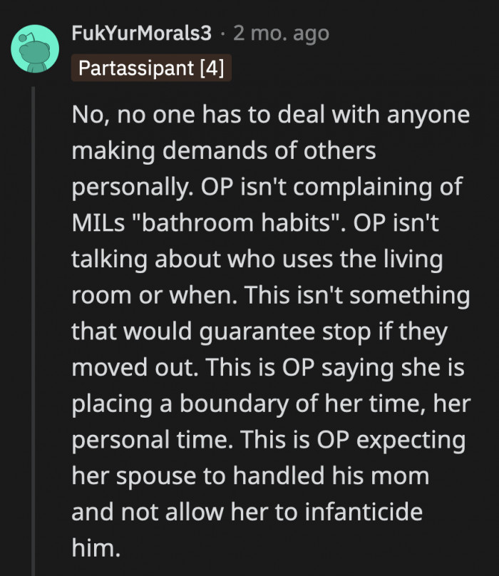 Even if they all live in one house, they shouldn't be forcing each other to drive across town just to deliver lunch to a 40-year-old man. Note: the commenter meant infantilize, not infanticide