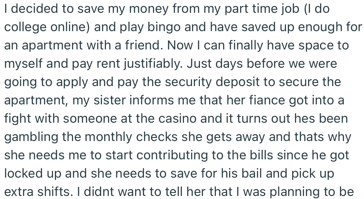 Apparently, OP’s Sister Has Been Pressuring Them to Contribute to Bills Because She’s Struggling to Save Money to Bail Her Fiancé Out of Jail