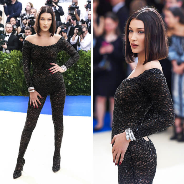 9. Bella Hadid’s 2017 Met Gala look prevented her from visiting the restroom because it was so tight. She wore a fitted and crystallized bodysuit by Alexander Wang, and although she was rocking it, her bathroom break didn’t.