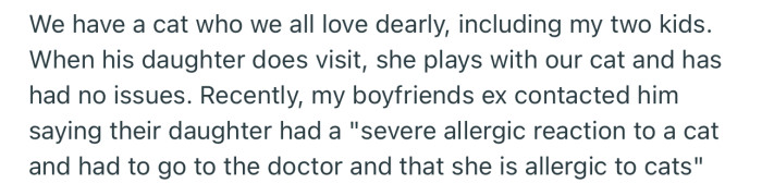 OP’s boyfriend’s ex reported that his daughter has developed a severe allergy to cats