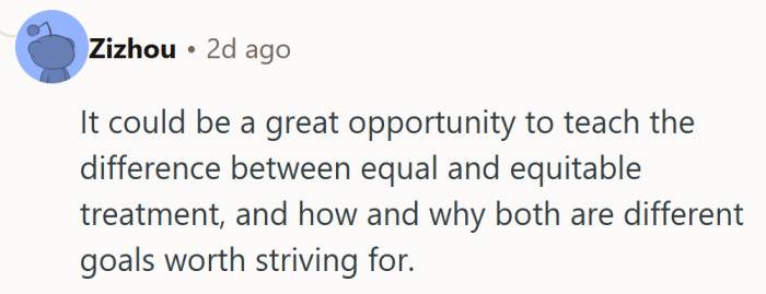 A thoughtful reminder that fairness isn’t about matching plates—it’s about meeting needs.
