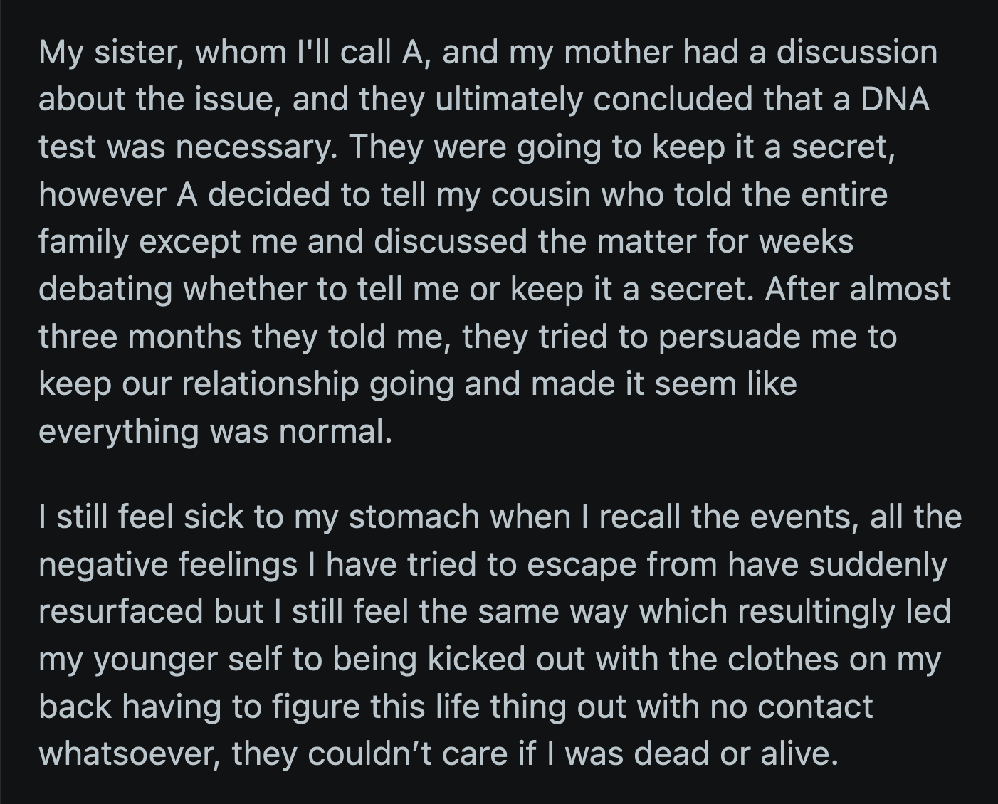 She created a group chat with all of her biological relations to remind them point by point of what they had done to her all those years ago.