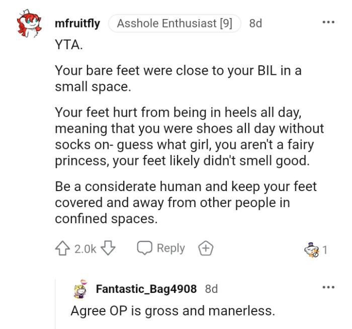 The OP should be considerate and keep her feet covered