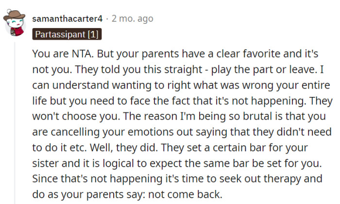 Candid advice: Seek therapy and follow their parents' suggestion to move forward when standards aren't applied equally.