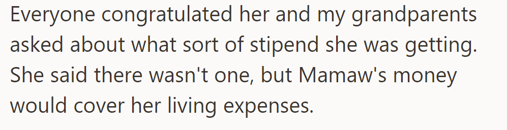 Congrats came; grandparents asked about the stipend. She said, 