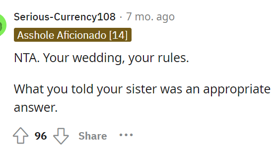 This is the simplest comment, but really, it is OP's wedding, so it's her rules.