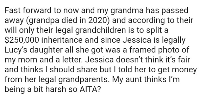 All the OP's sister got was a framed photo of their mom and a letter