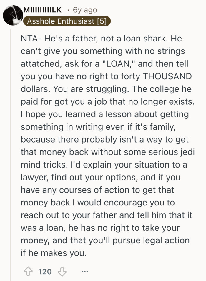 Dads are supposed to offer guidance, not reenact a loan shark origin story.