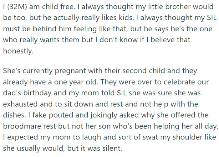 OP, a 32-year-old man, made a conscious decision to remain child-free. This contrasts sharply with his younger brother's life choices.