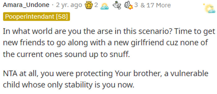 The First Comment Immediately Explained That He Is NTA in This Situation and That He Was Just Protecting His Brother, Rightfully So.