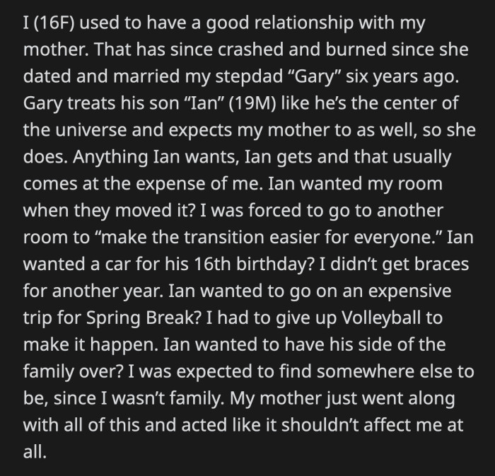 OP's mom cried when she told him about her dad's offer. OP recounted every moment her mom chose her new family over her.