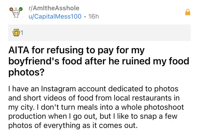The OP asked if she was the a**hole for refusing to pay for her boyfriend's food.