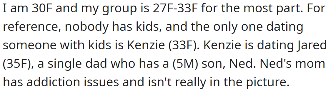 No one in the OP's friend group has kids except Kenzie: