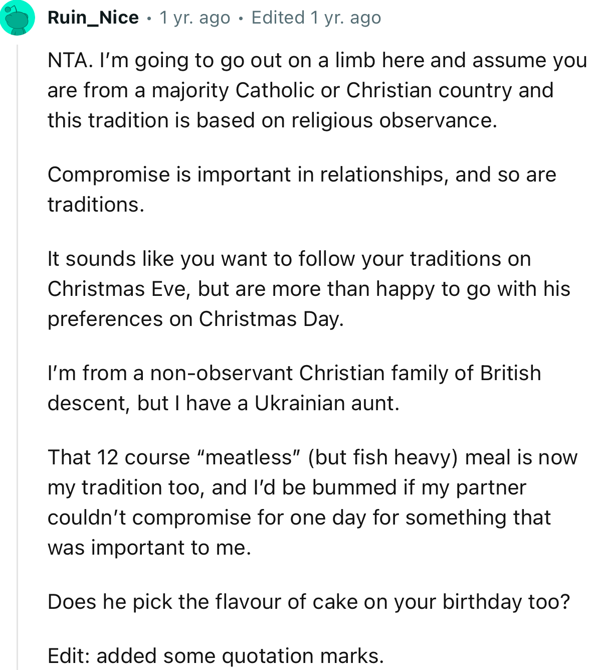 “NTA…Compromise is important in relationships, and so are traditions.”