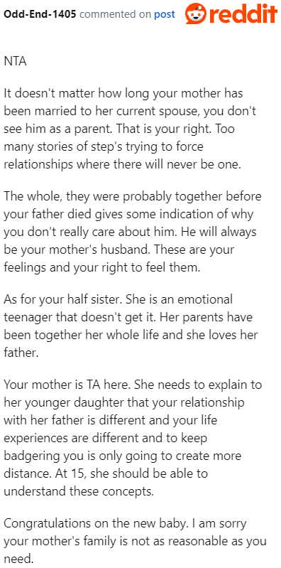 If the OP decides that her relationship with her stepdad has limits, the younger sister should respect that.