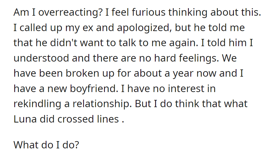 OP is furious about Luna's actions but isn't interested in reconnecting with their ex. They seek advice on what to do next.