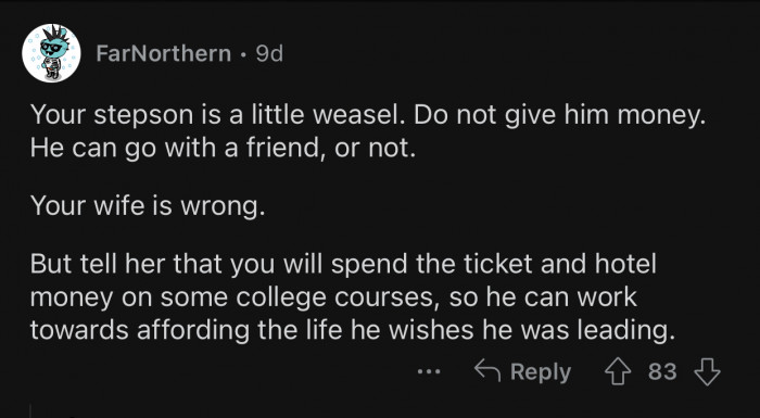 The stepson should spend money on some college courses.