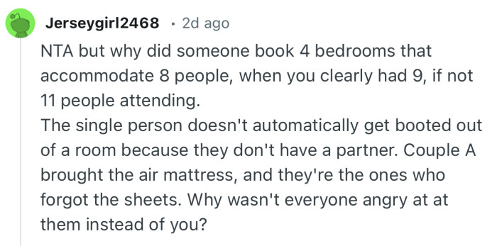 “The single person doesn't automatically get booted out of a room because they don't have a partner.”
