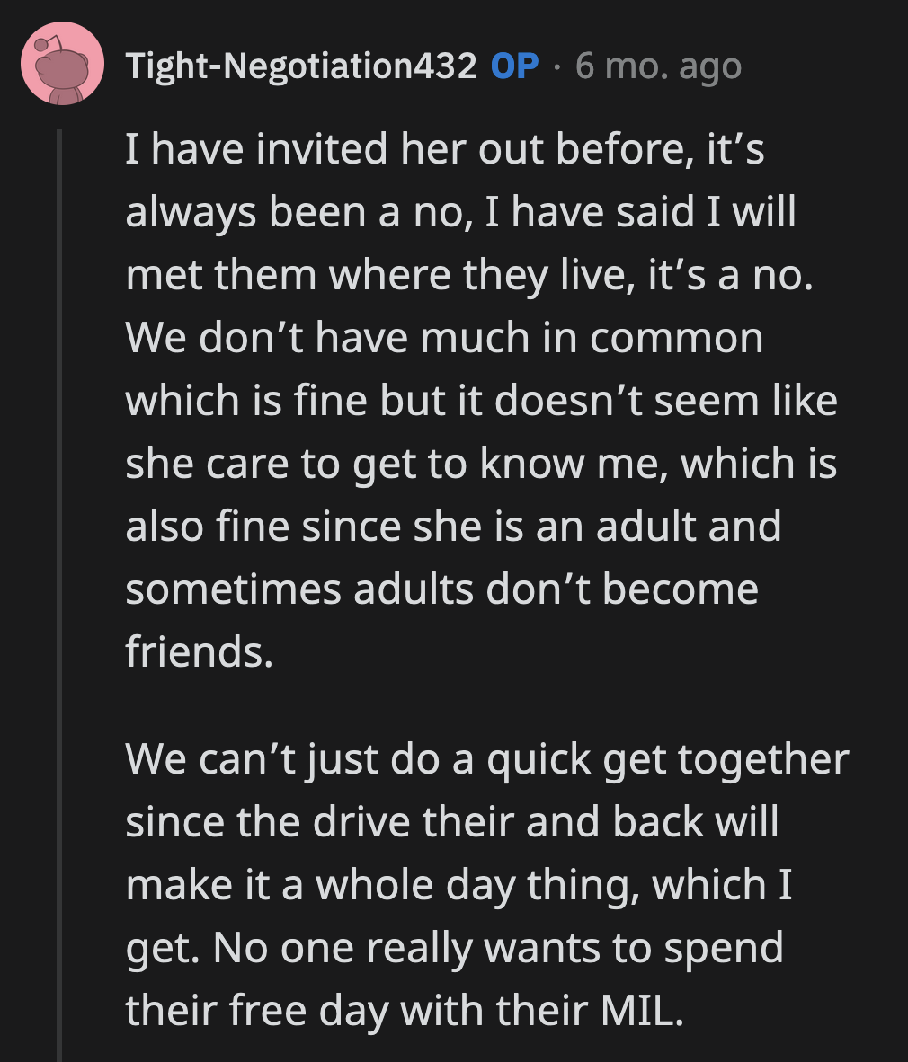 OP said she put in the effort to be closer to Bethany, but her son's wife declined her invitations.