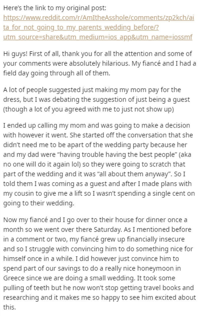 OP starts off their post with a link to their original post where they spoke about this first, and then she goes into giving us more details on what happened after the original post.