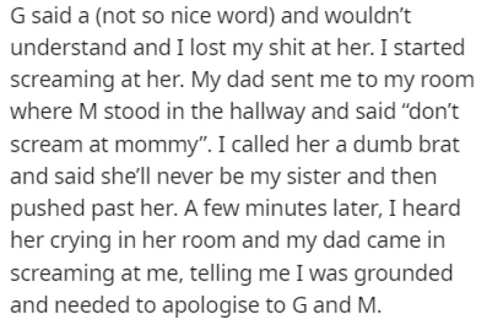 OP Called Them Insane and Started Screaming at Them, Saying Hurtful Things Even to Her Half-Sister