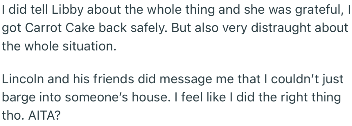 Thankfully, OP returned Carrot Cake to Libby in one piece. However, Lincoln and his friend don’t seem remorseful for what they did