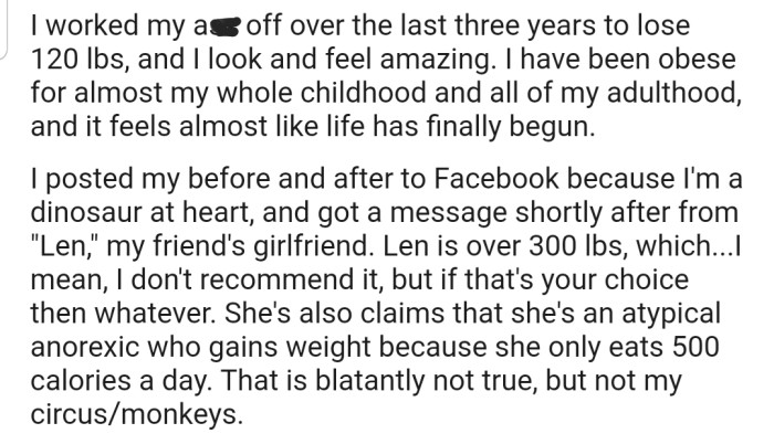 OP Worked Extra Hard to Lose Weight and Decided to Post Their Results on Facebook. However, They Received an Awkward Message from Their Friend's Girlfriend, Len, Concerning This Post