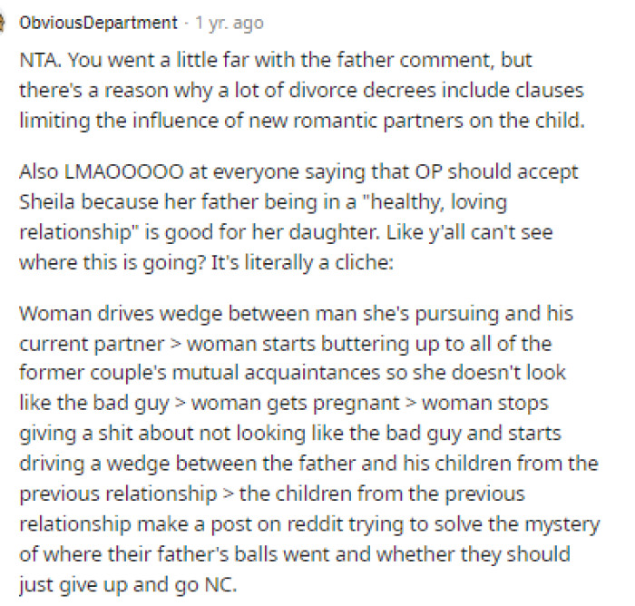 This person had a lot to say here and actually stated that OP was NTA and that the new girlfriend is the problem.