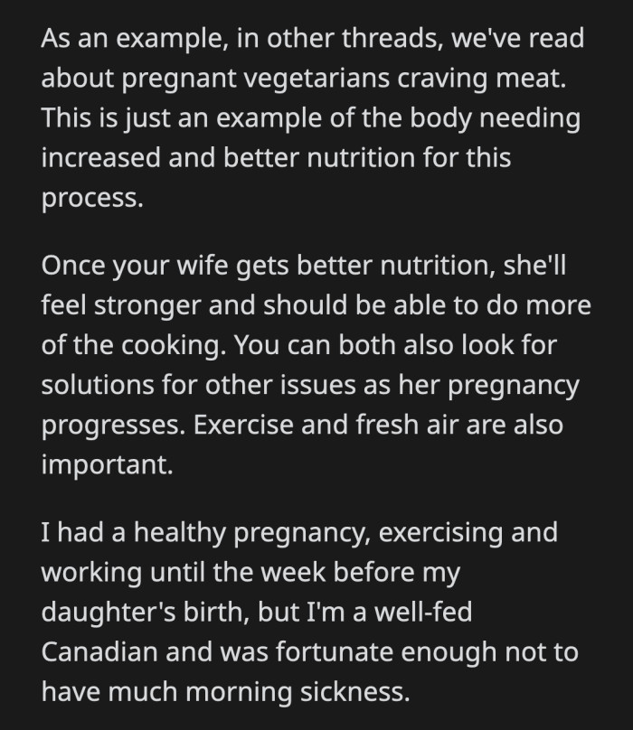 Growing another human requires a lot more than what OP's wife is currently eating