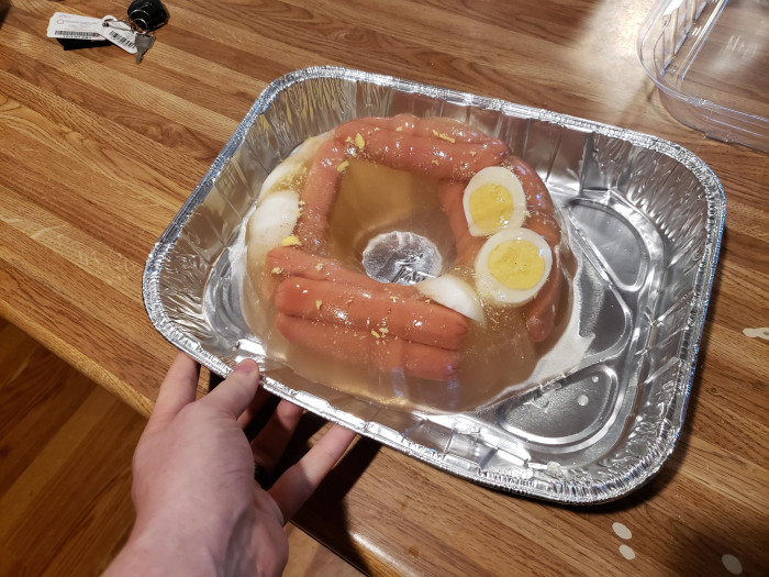 13. “I’m supposed to bring a snack to share at a work meeting; I’m thinking the beef broth gelatin with hot dogs and eggs should do it”