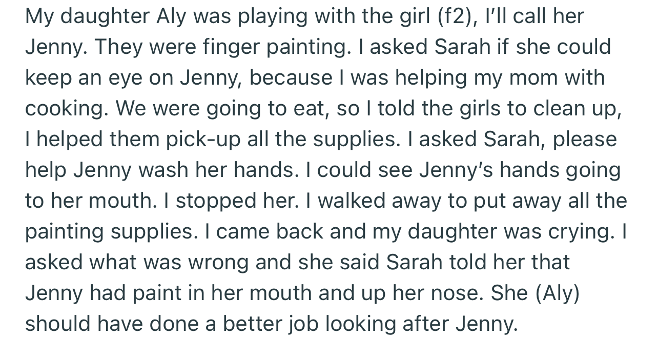 Sarah scolded OP’s little daughter to tears for not doing a good job babysitting her own child