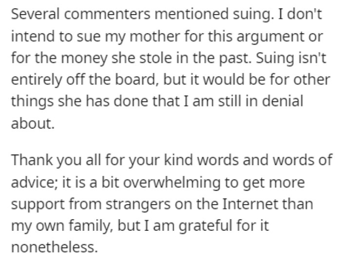 Redditors suggested that OP should sue his mom