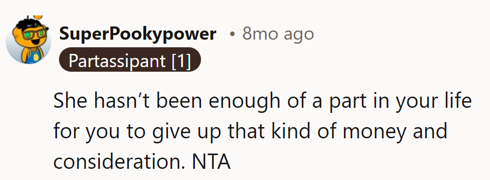 Not enough presence for that hefty price tag. NTA.