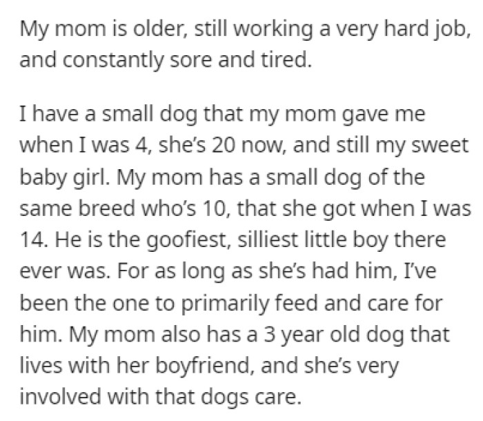 OP's mom has a dog, but throughout the time she's had it, OP has been pretty much the only person taking care of it
