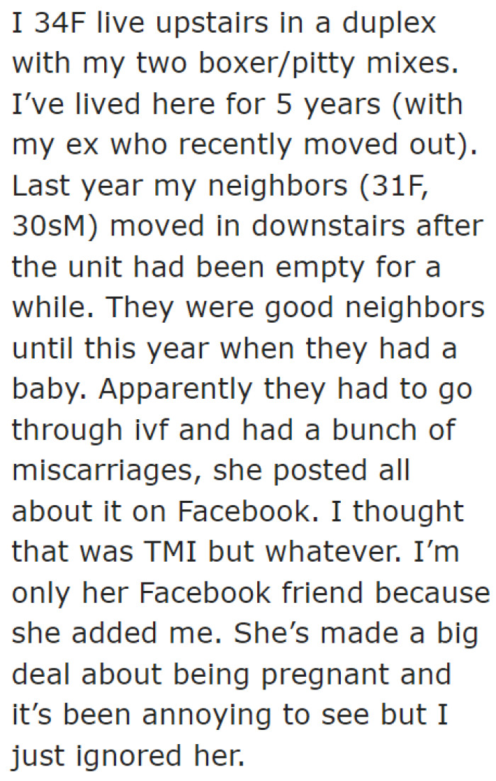 The original poster (OP) then explains that her neighbors recently had a baby.