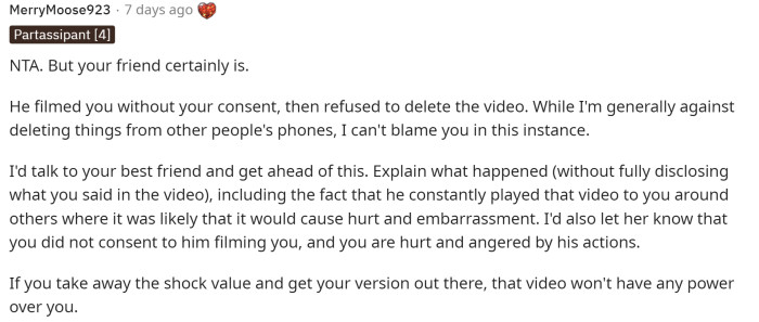 This person came straight for the friend and let OP know exactly why he was TA in this situation.