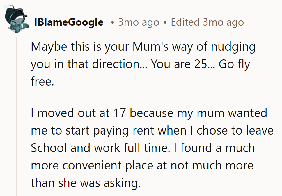 Seems like Mom's giving a nudge out of the nest. Time to spread those wings and soar!