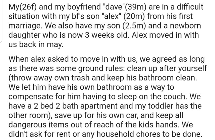 Alex moved in with OP and her boyfriend, but under certain conditions