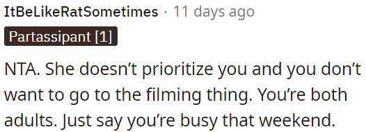 OP could simply let her know she is busy that weekend.