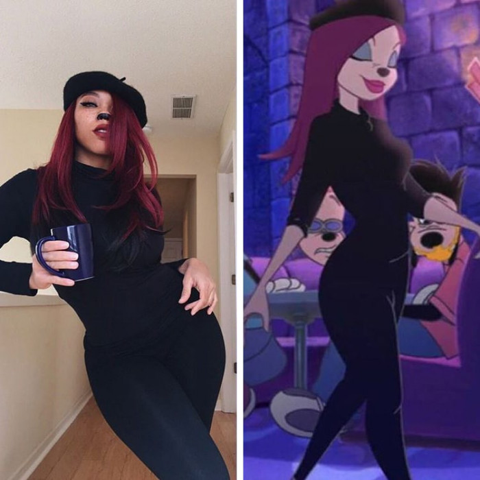 7. Here, she is cosplaying as the Beret Girl character from An Extremely Goofy Movie