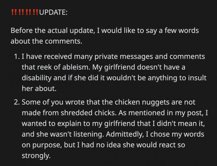 OP posted an update and started it with a few additional details to answer some of the messages he got after posting.