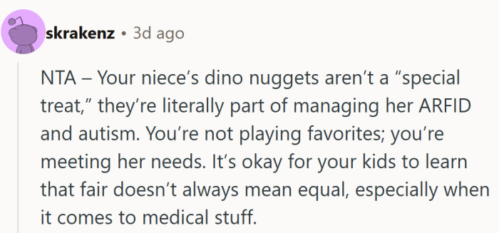 A level-headed reminder that meeting medical needs isn’t spoiling a child, it’s supporting them.