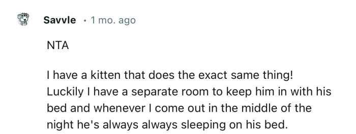 “NTA. I have a kitten that does the exact same thing! Luckily, I have a separate room to keep him in.”