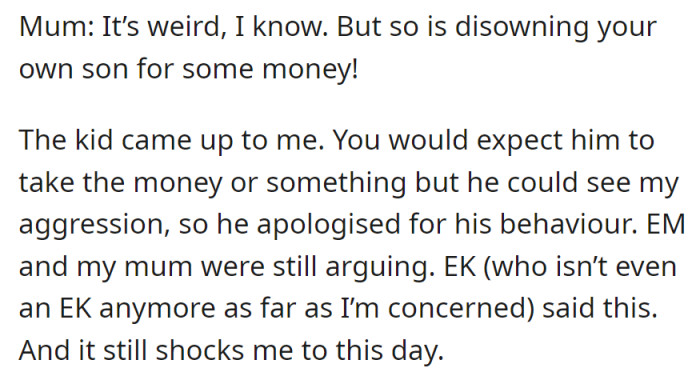 Mum defends OP against accusations, noting the absurdity of disowning a son for money. EK, sensing aggression, apologizes, while EM and Mum continue arguing.
