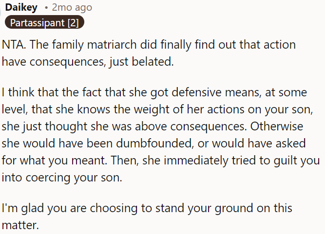Trying to coerce OP into persuading her son shows her unwillingness to accept responsibility.