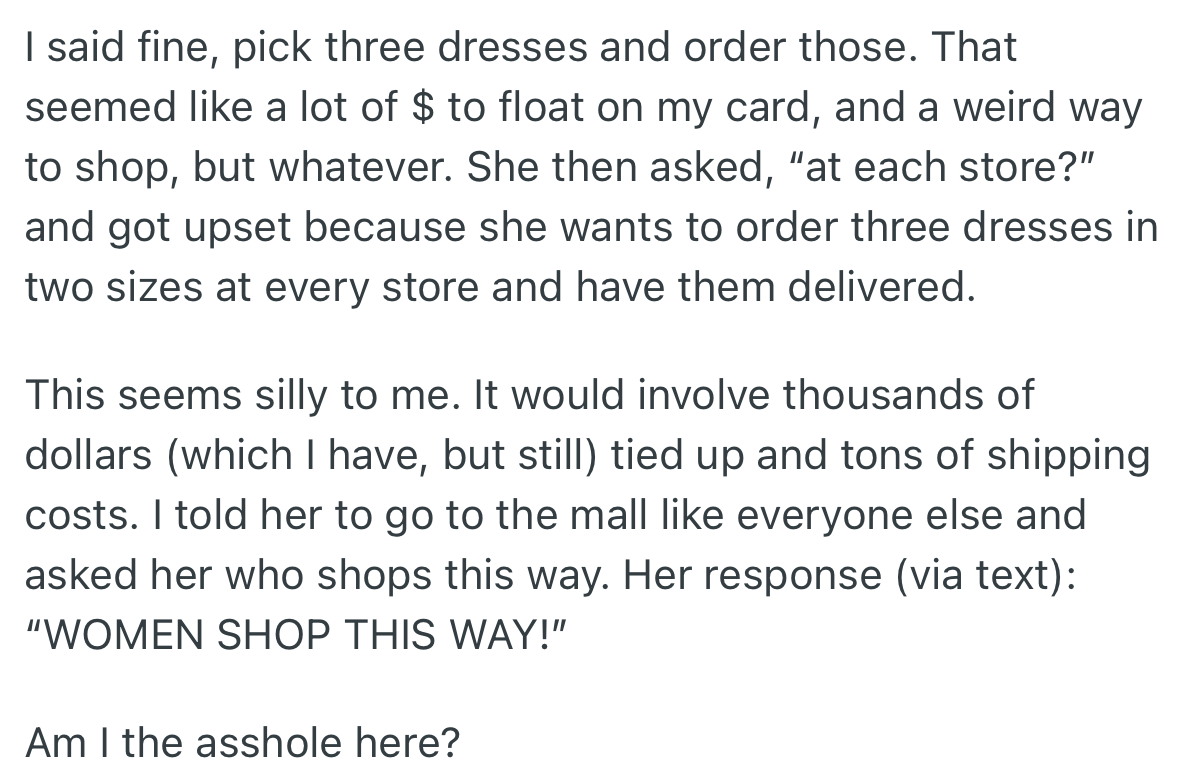 OP Agreed to His Wife’s Request to Buy More Dresses and Have Them Delivered. However, He Became Upset When She Requested to Buy Different Sizes of Each Dress as Well.