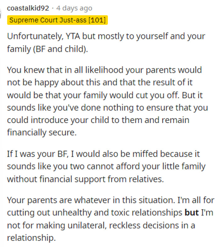 People definitely told OP that she's the asshole because she definitely is, and so is her boyfriend for encouraging her to hide the baby.