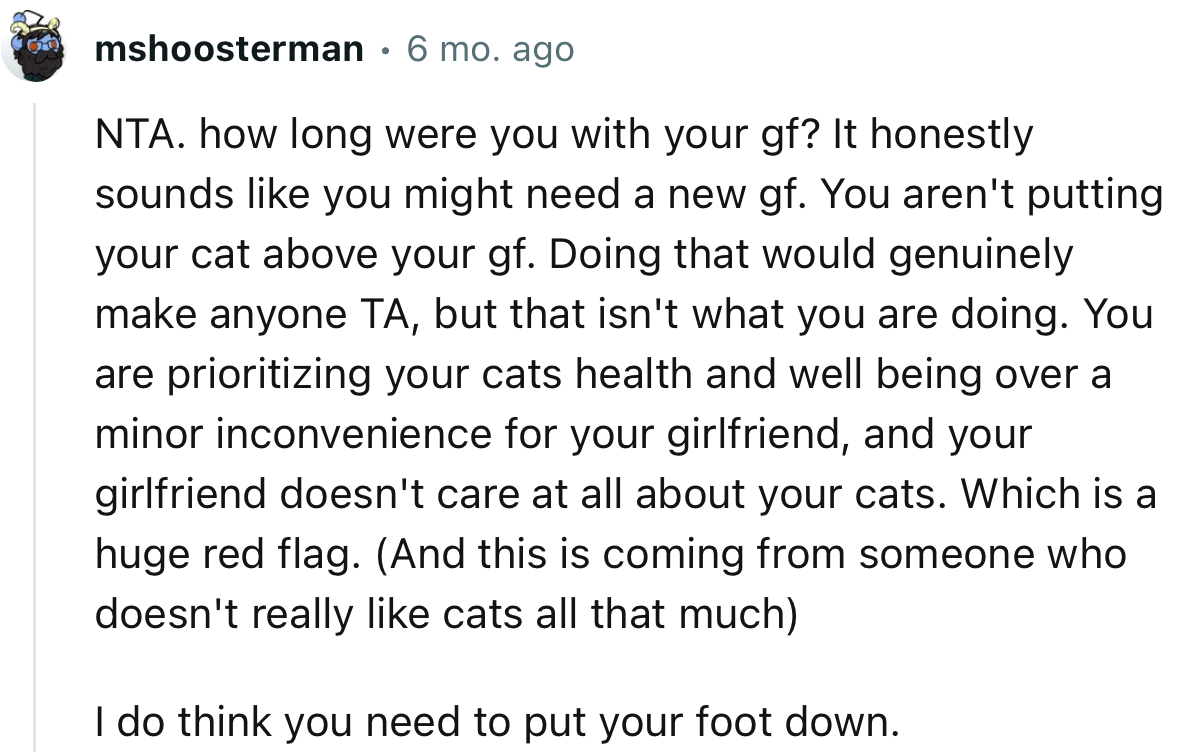 “NTA… You are prioritizing your cats' health and well-being over a minor inconvenience for your girlfriend.”